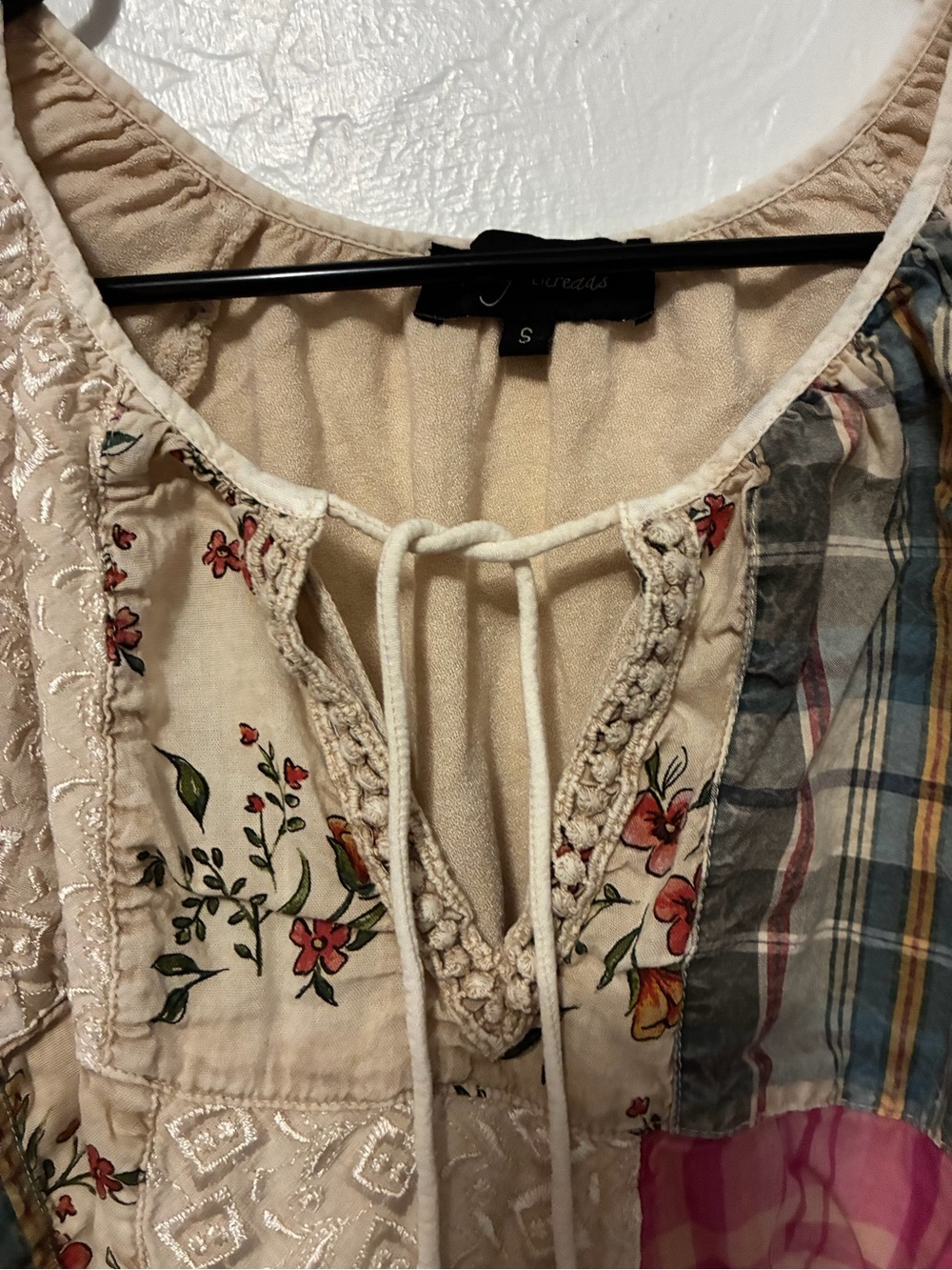 Young Threads Patchwork Bohemian Blouse Floral Plaid Crotchet Detail Small - Picture 6 of 10